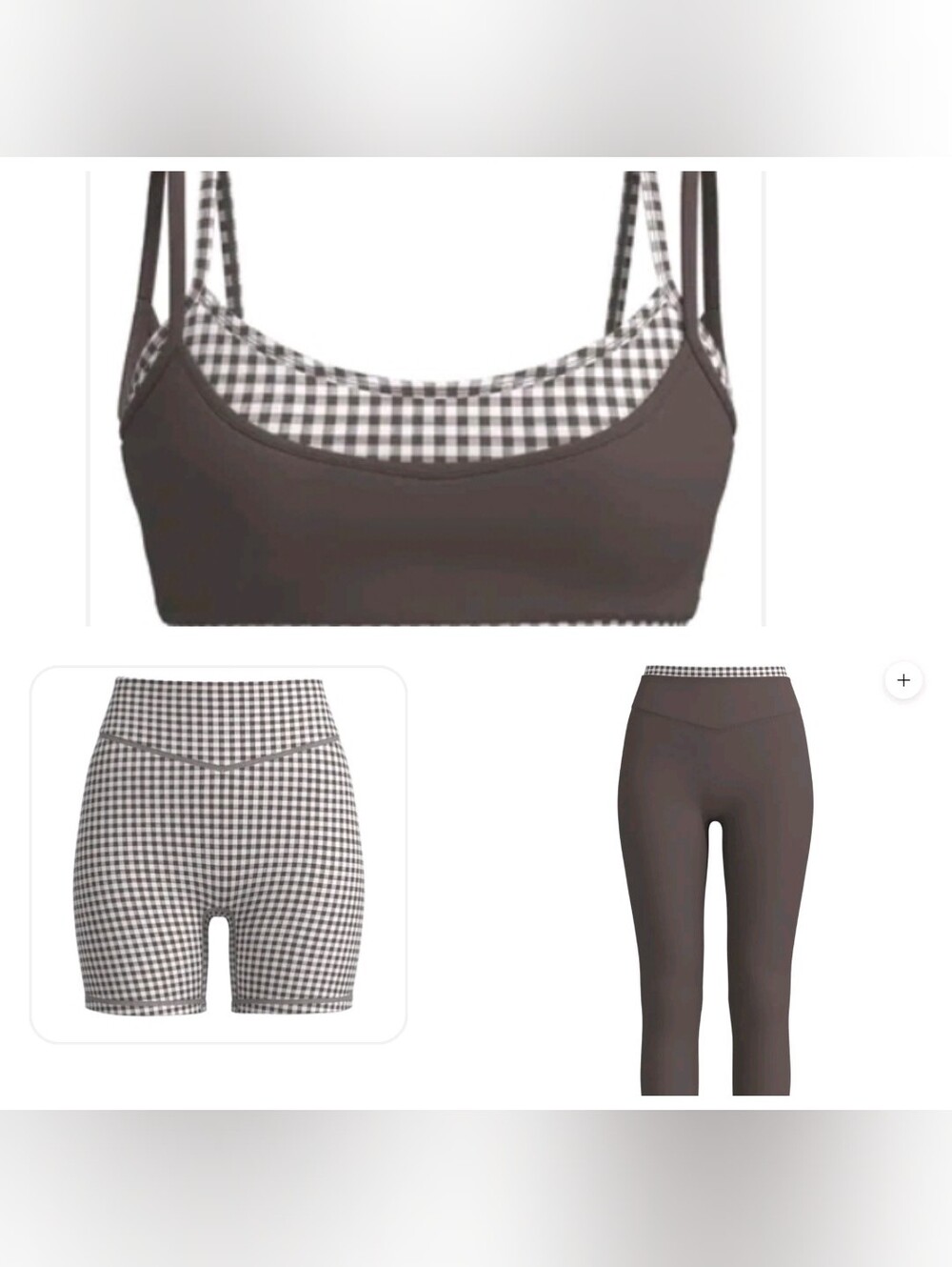 Liason The Label 3 Piece Set Gingham Plaid Brown & White Athleisure Athletic